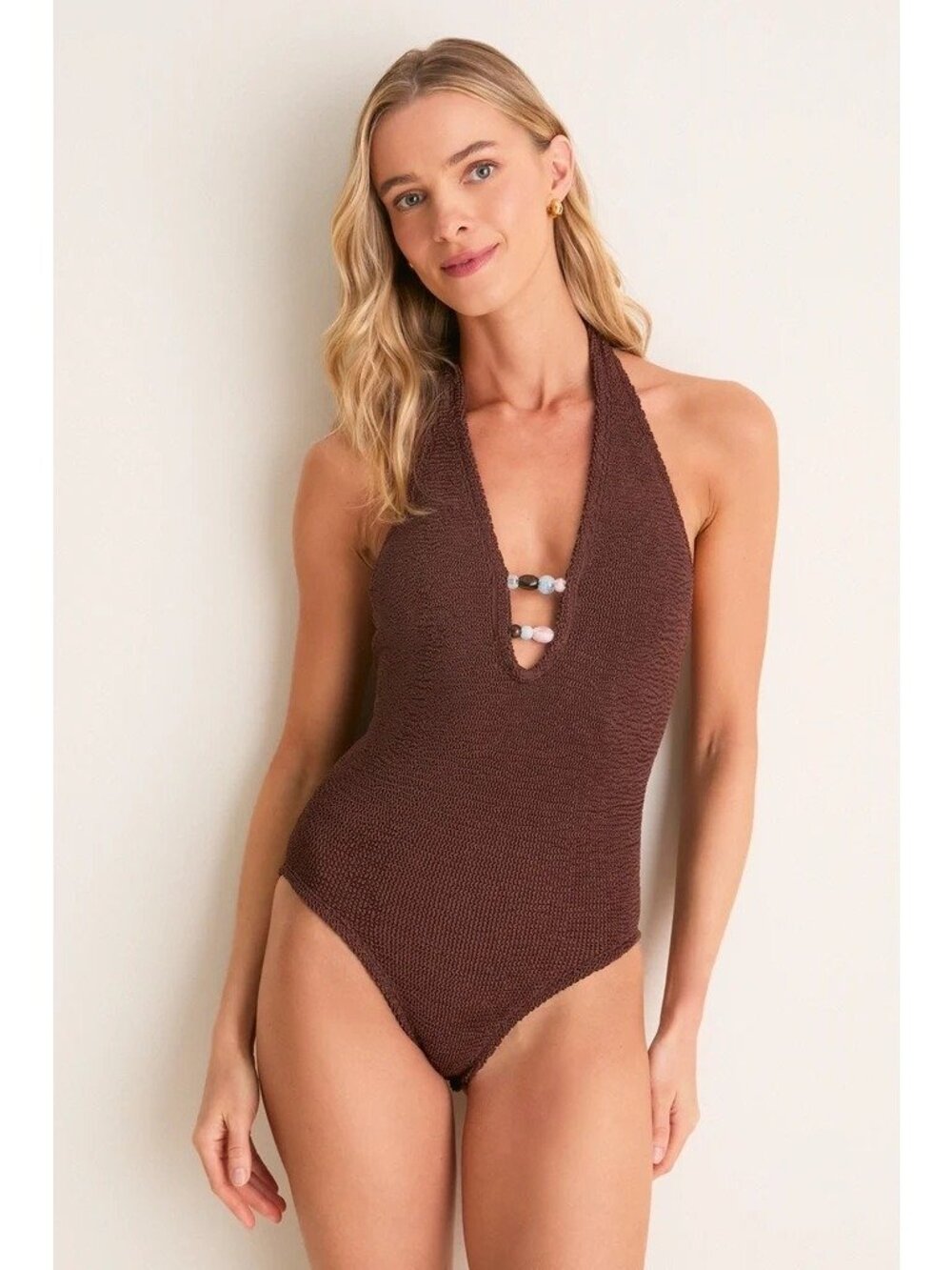 HUNZA G Adriana Beaded One Piece Metallic Chocolate Size One Size